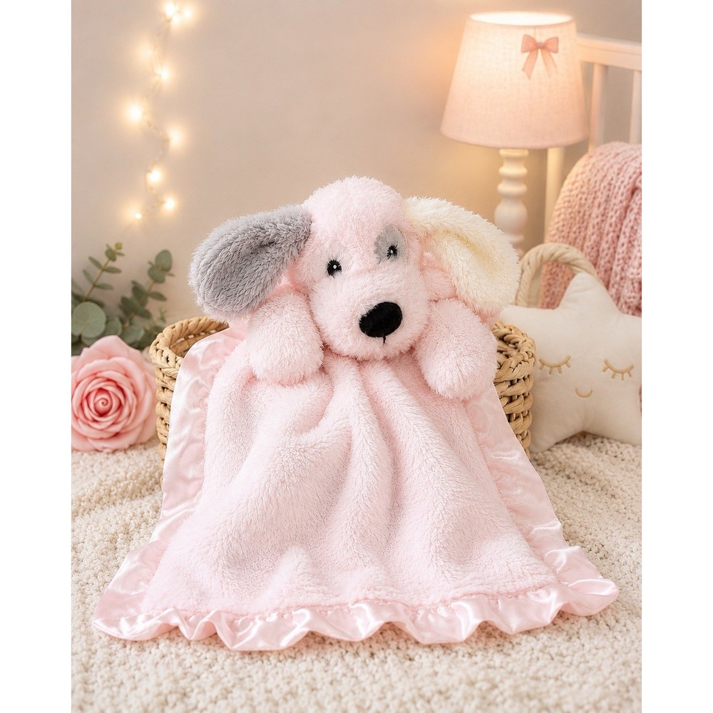Beilimu Pink Puppy Dog Lovey Security Blanket Satin Trim Baby Comfort Toy